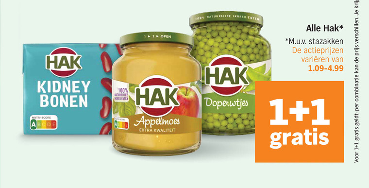 hak bonen groenteconserven appelmoes 1 12 100 kidney nutri score natuurlijke ingredienten open doperwtjes m.u.v stazakken varieeren combinatie folder aanbieding bij Albert Heijn Hak appelmoes, bonen folder aanbieding bij Albert Heijn - details