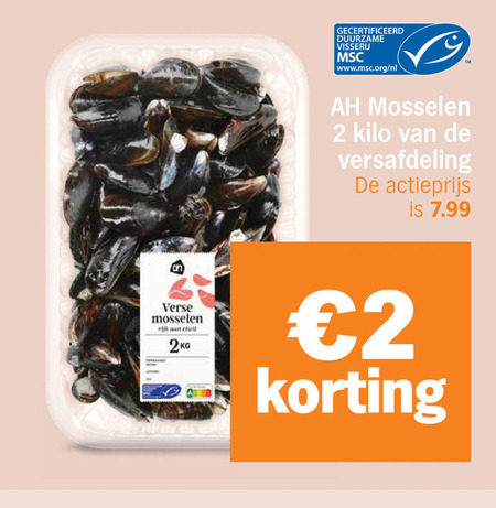 mosselen 2 gecertificeerd duurzame visserij www.msc.org nl kilo versafdeling actieprijs verse folder aanbieding bij Albert Heijn