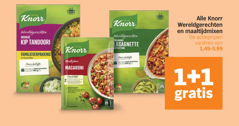 knorr maaltijdmix 1 250 300 wereldgerechten indiase kip tandoori familieverpakking porties belofte groente macaroni italiaanse lasagnette napoletana don maaltijdmixen varieeren personen folder aanbieding bij Albert Heijn Knorr maaltijdmix folder aanbieding bij Albert Heijn - details
