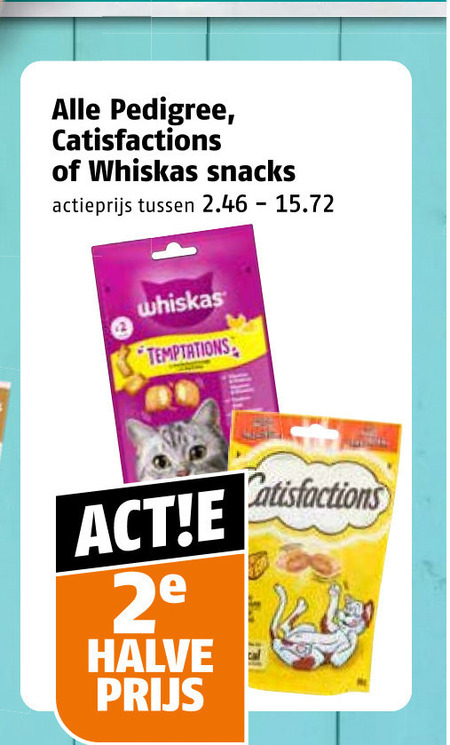 whiskas catisfactions pedigree dentastix hondensnacks kattensnacks satisfaction snacks actieprijs temptations 2e halve folder aanbieding bij Poiesz Catisfactions hondensnacks, kattensnacks folder aanbieding bij Poiesz - details