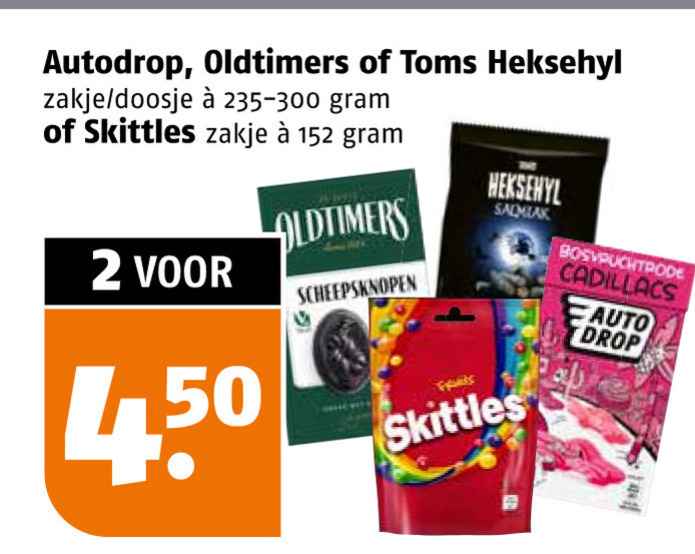 autodrop heksehyl oldtimers drop snoep 2 450 toms zakje doosje skittles scheepsknopen salmiak bosvruchtrode cadillacs auto folder aanbieding bij Poiesz Heksehyl snoep, drop folder aanbieding bij Poiesz - details