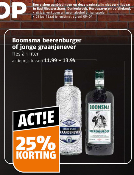 boomsma jenever berenburg 1 18 25 borrelshop pagina bad hurdegaryp vlieland jaar alcohol kansspelen legitimatie beerenburger jonge graanjenever fles liter actieprijs folder aanbieding bij Poiesz Boomsma berenburg, jenever folder aanbieding bij Poiesz - details