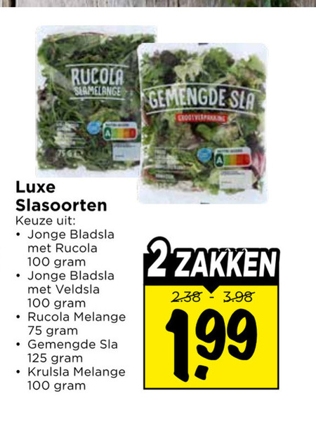 sla 100 rucola slamelange gemengde luxe slasoorten jonge bladsla veldsla melange krulsla folder aanbieding bij Vomar