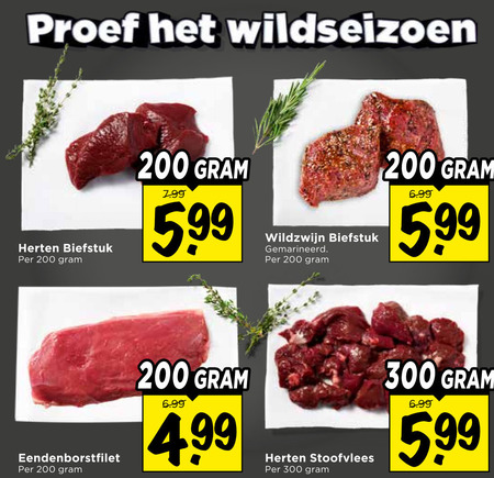 hert wild zwijn eend en gevogelte 200 300 proef wildseizoen herten biefstuk 5 99 wildzwijn gemarineerd 5.99 eendenborstfilet stoofvlees folder aanbieding bij Vomar