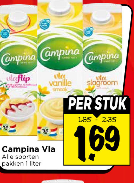 campina vla 1 vanille soorten pakken liter slagroom stuk folder aanbieding bij Vomar Campina vla folder aanbieding bij Vomar - details