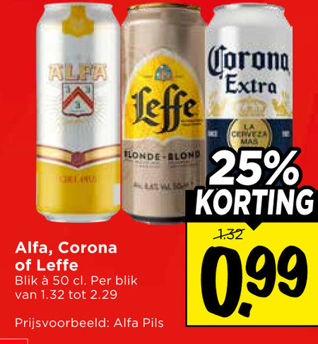 leffe corona alfa speciaalbieren blikjes bier 25 50 blonde blond blik pils la cerveza folder aanbieding bij Vomar Alfa blikje bier, speciaalbier folder aanbieding bij Vomar - details