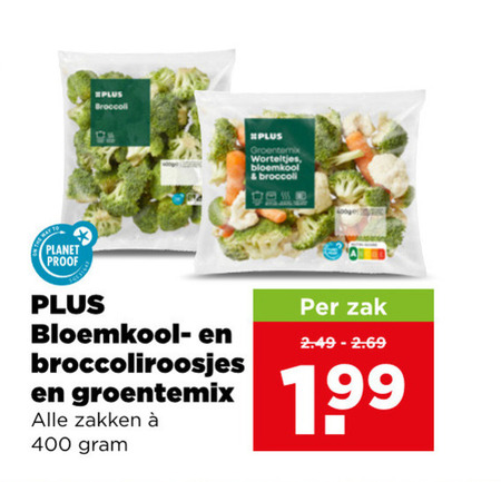 broccoli bloemkool 400 groentemix worteltjes planet proof broccoliroosjes zakken zak folder aanbieding bij Plus