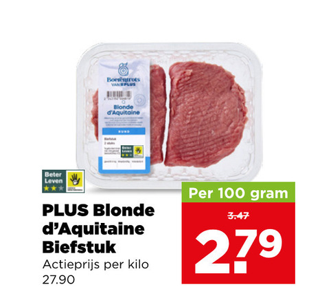 biefstuk 2 100 279 blonde rund beter leven actieprijs kilo folder aanbieding bij Plus