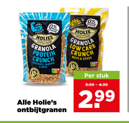 cereals 20 sugar granola protein crunch positive change hazelnuts almonds koolhydraten carb nuts ontbijtgranen stuk 3.99 folder aanbieding bij Plus