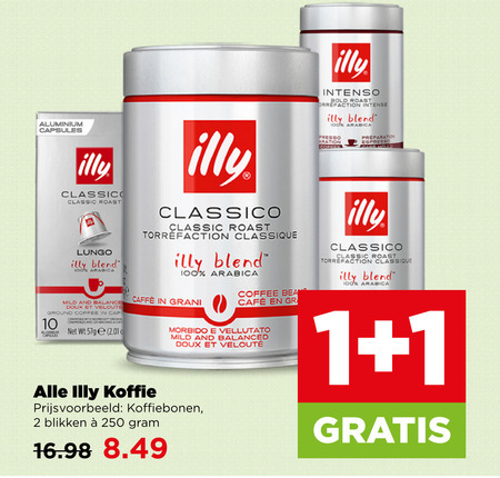 illy koffiecups koffiebonen koffie 1 2 10 100 250 aluminium capsules intenso bold roast intense blend arabica presso coffee preparation espresso case moulu classico classic lungo classique beha mcafee mild and balance doux veloute ground cap compatible with origina les machines caffee gram balanced blikken folder aanbieding bij Plus Illy koffie, koffiecups folder aanbieding bij Plus - details