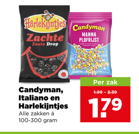 harlekijntjes italiano candyman snoep drop zachte zoete manna plofrijst zakken 100-300 zak folder aanbieding bij Plus Candyman drop, snoep folder aanbieding bij Plus - details