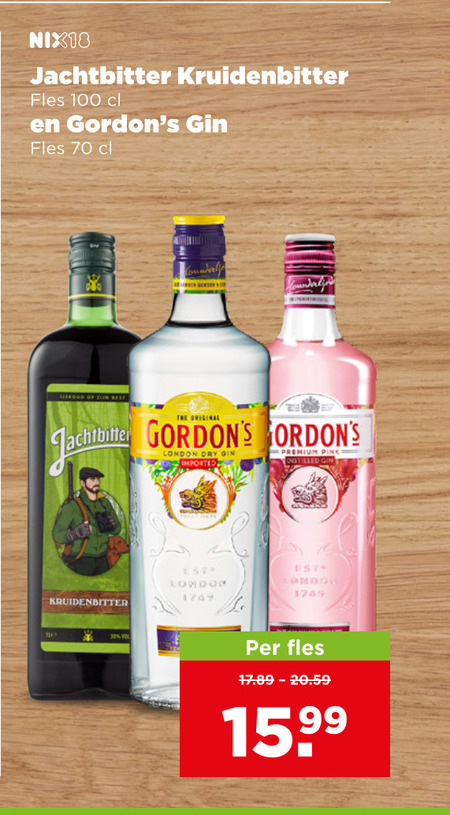 jachtbitter gordons kruidenbitter gin 100 nix18 fles original london dry imported premium pink distilled folder aanbieding bij Plus Jachtbitter gin, kruidenbitter folder aanbieding bij Plus - details