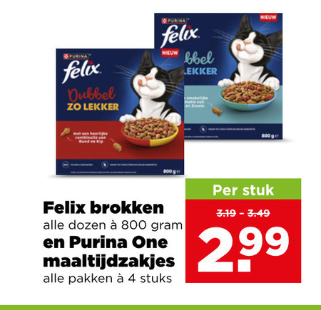 one felix kattenvoer 4 purina dubbel ge brokken dozen maaltijdzakjes pakken stuks stuk folder aanbieding bij Plus Felix kattenvoer folder aanbieding bij Plus - details