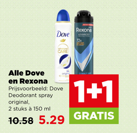 dove rexona deodorant 1 2 150 advanced care protection 72h spray original stuks ml cobalt dry folder aanbieding bij Plus Dove deodorant folder aanbieding bij Plus - details