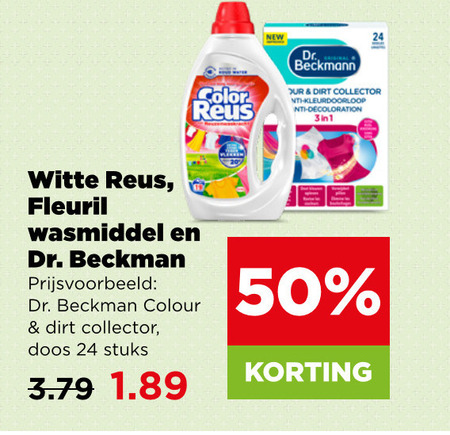 witte reus fleuril beckmann vlekkenverwijderaar wasmiddel 24 50 color new dr. collector kleurdoorloop nti decoloration beckman colour doos stuks folder aanbieding bij Plus Beckmann vlekkenverwijderaar, wasmiddel folder aanbieding bij Plus - details