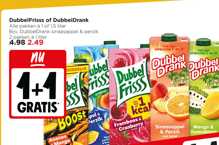 dubbeldrank dubbelfrisss fruitdrank 1 2 100 pakken 5 liter sinaasappel perzik bel boost ananas mango rijk vitamine ris dubbel dank original heer verfrisser frisss framboos cranberry appel drank guanabana folder aanbieding bij Jumbo Dubbelfrisss fruitdrank folder aanbieding bij Jumbo - details