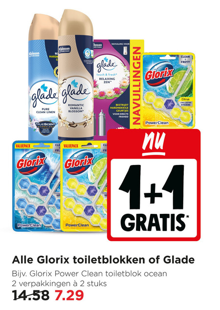 glorix glade toiletblok luchtverfrisser 1 2 be family company navulling clean linen romantic vanilla blossom touch fresh relaxing hardnekkige geurtjes schone geur valuepack navullingen citrus lasting hygiene toiletblokken power ocean stuks folder aanbieding bij Jumbo Glade luchtverfrisser, toiletblok folder aanbieding bij Jumbo - details
