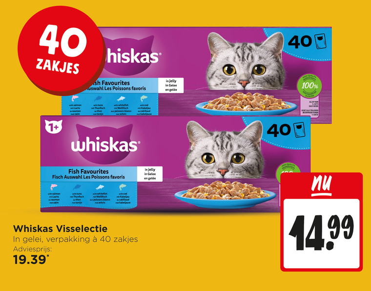 whiskas kattenvoer 1 40 100 zakjes favourites auswahl les jelly with salmon lachs saumon zalm tuna thon tonijn aux blancs witvis cod kabeljauw high all your daily fish visselectie gelei quality folder aanbieding bij Jumbo Whiskas kattenvoer folder aanbieding bij Jumbo - details