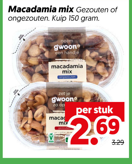 noten 150 macadamia mix gezouten ongezouten kuip gwoon handje stuk folder aanbieding bij Dekamarkt