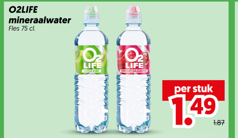 o2 life mineraalwater fles apple kiwi red fruit cranberry stuk folder aanbieding bij Dekamarkt O2 Life mineraalwater folder aanbieding bij Dekamarkt - details