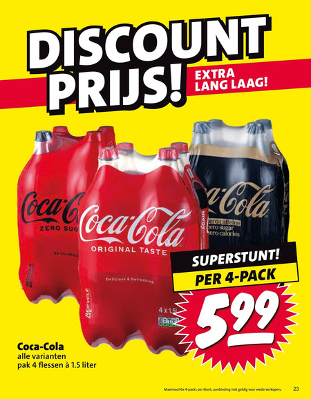 coca-cola cola 4 23 discount coca calories recycle original taste refreshing lang laag again caffeine sugar zero pack 5.99 pak flessen liter maximaal 6x aanbieding folder aanbieding bij Nettorama Coca-Cola cola folder aanbieding bij Nettorama - details