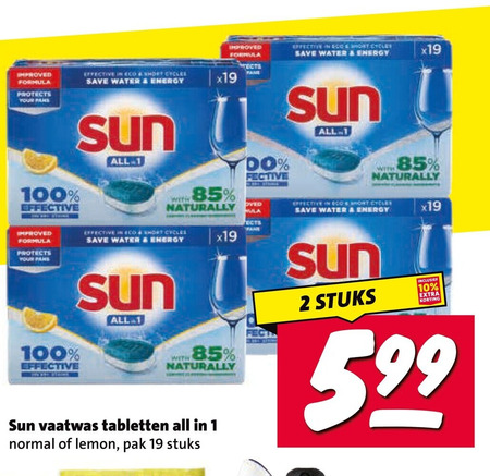 sun vaatwasmiddel 1 2 10 19 100 improved formula protects your pas effective eco short save water energy all with naturally 00 scart vaatwas tabletten normal lemon pak stuks 5.99 folder aanbieding bij Nettorama Sun vaatwasmiddel folder aanbieding bij Nettorama - details