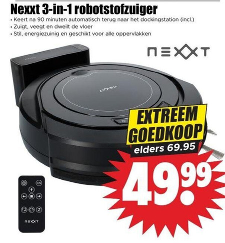 robotstofzuigers 1 3 90 nexxt robotstofzuiger keert minuten automatisch terug dockingstation zuigt dweilt vloer stil energiezuinig oppervlakken oz extreem elders folder aanbieding bij Dirk