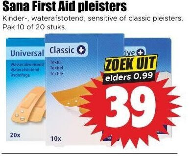pleisters 10 20 sana kinder waterafstotend sensitive classic pak stuks universal textileen hydrofuge 20x textiel textile 10x zoek elders folder aanbieding bij Dirk