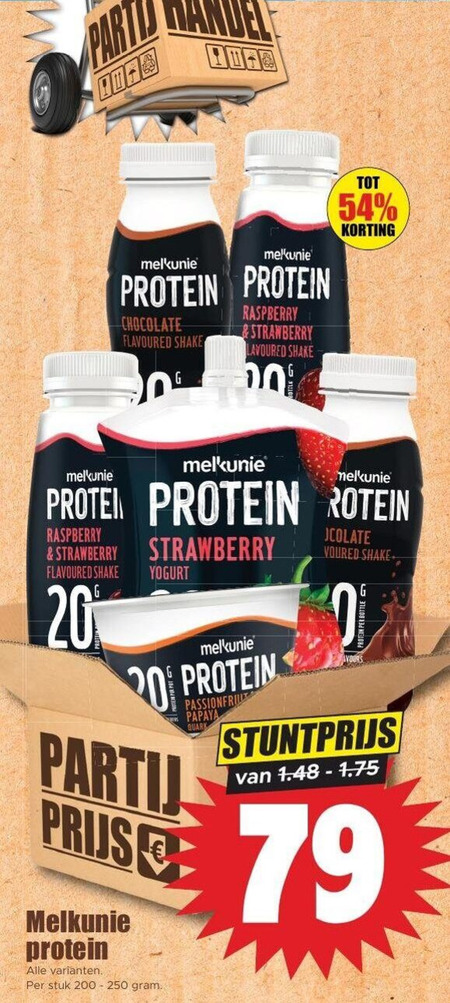 melkunie drinkyoghurt 20 200 250 party protein chocolate flavoured shake raspberry strawberry 00 praten proteine yoghurt stuk papaya quark folder aanbieding bij Dirk Melkunie drinkyoghurt folder aanbieding bij Dirk - details