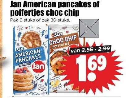 jan pannenkoeken poffertjes 6 30 american pancakes choc chip pak stuks zak 6x naturel folder aanbieding bij Dirk Jan poffertjes, pannenkoek folder aanbieding bij Dirk - details