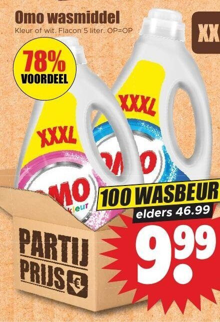 omo wasmiddel 5 100 kleur wit flacon liter voordeel xxl wasbeurten elders 99 folder aanbieding bij Dirk Omo wasmiddel folder aanbieding bij Dirk - details