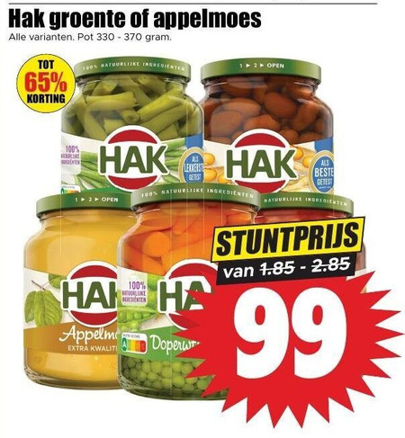 hak groenteconserven appelmoes 1 2 12 65 99 100 330 groente pot natuurlijke ingredienten open doperwtjes getest folder aanbieding bij Dirk Hak groenteconserven, appelmoes folder aanbieding bij Dirk - details