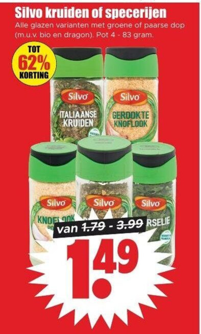 silvo kruiden specerijen glazen groene paarse dop bio dragon pot italiaanse gerookte knoflook folder aanbieding bij Dirk Silvo kruiden folder aanbieding bij Dirk - details