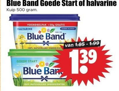 blue band margarine 100 500 start halvarine kuip natuurlijke ingredient bank ingredienten folder aanbieding bij Dirk Blue Band margarine folder aanbieding bij Dirk - details