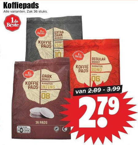 1 de beste koffiepads 36 279 zak stuks nutri score dark roast koffie pads karakter regular rond folder aanbieding bij Dirk 1 De Beste koffiepad folder aanbieding bij Dirk - details