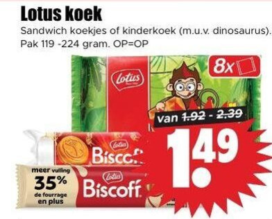 lotus biscuit 35 koek sandwich koekjes kinderkoek dinosaurus pak 8x biscoff folder aanbieding bij Dirk Lotus biscuits folder aanbieding bij Dirk - details