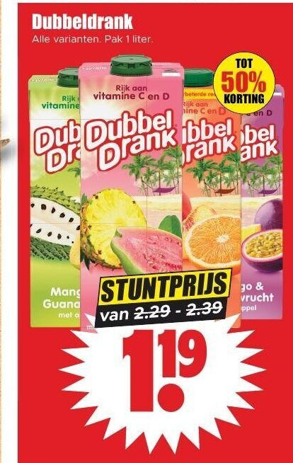 dubbeldrank fruitdrank 1 50 pak liter rijk vitamine red hine dubbel drank bel vrucht folder aanbieding bij Dirk Dubbeldrank fruitdrank folder aanbieding bij Dirk - details
