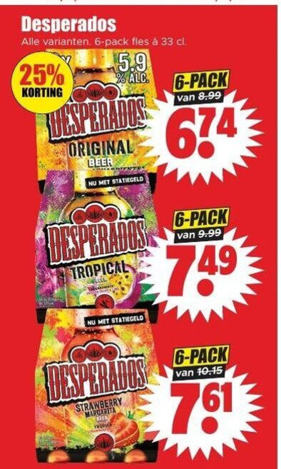 desperados speciaalbieren 6 25 33 pack fles original beer tropical strawberry margarita folder aanbieding bij Dirk Desperados speciaalbier folder aanbieding bij Dirk - details
