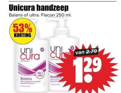Unicura   handzeep folder aanbieding bij  Dirk - details