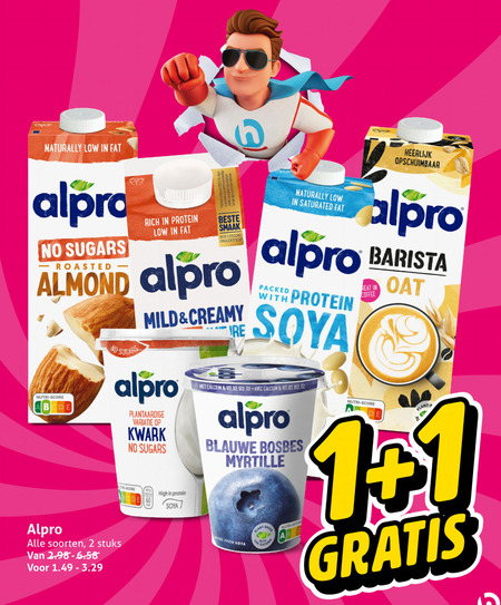 alpro soja zuivel melk yoghurt 1 2 naturally opschuimbaar sugars roasted protein categorie ongezoete almond nutri score soorten stuks mild creamy plantaardige variatie kwark high soya barista packed with calcium vit avec 02 blauwe bosbes myrtille based from plant live coffee folder aanbieding bij Hoogvliet Alpro soja melk, soja yoghurt folder aanbieding bij Hoogvliet - details