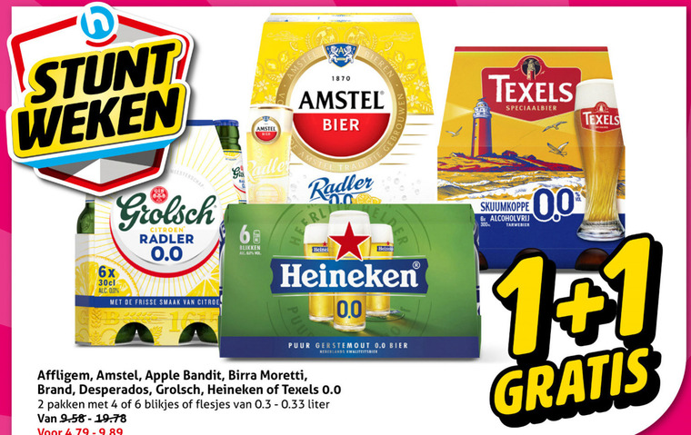 heineken 0.0 grolsch desperados amstel brand texels alcoholvrij bier blikjes 1 2 4 6 100 300 1870 weken bieren radler traditie speciaalbier 6x meesterschap citroen frisse blikken puur gerstemout nederlands kwaliteitsbier affligem apple bandit moretti pakken liter skuumkoppe tarwebier folder aanbieding bij Hoogvliet Brand alcoholvrij bier, blikje bier folder aanbieding bij Hoogvliet - details