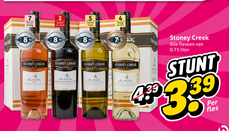 rode wijn rose witte 2 4 5 7 cheek creek soepel rond fris fruitig hamersma stoney australia shiraz grenache petit droog chardonnay semillon pinot grigio alia flessen liter fles folder aanbieding bij Hoogvliet