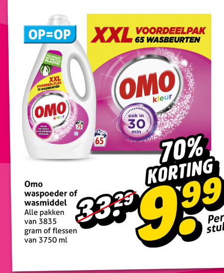 omo wasmiddel 3 30 65 333 3750 xxl wasbeurten fles gemaakt gerecht plastic hygienisch schoon kleur waspoeder pakken flessen ml min stuk folder aanbieding bij Hoogvliet Omo wasmiddel folder aanbieding bij Hoogvliet - details
