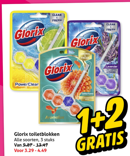 glorix toiletblok 1 2 3 clean fresh aroma lavender lasting hygiene toiletblokken soorten stuks dahlia flower essential oils folder aanbieding bij Hoogvliet Glorix toiletblok folder aanbieding bij Hoogvliet - details