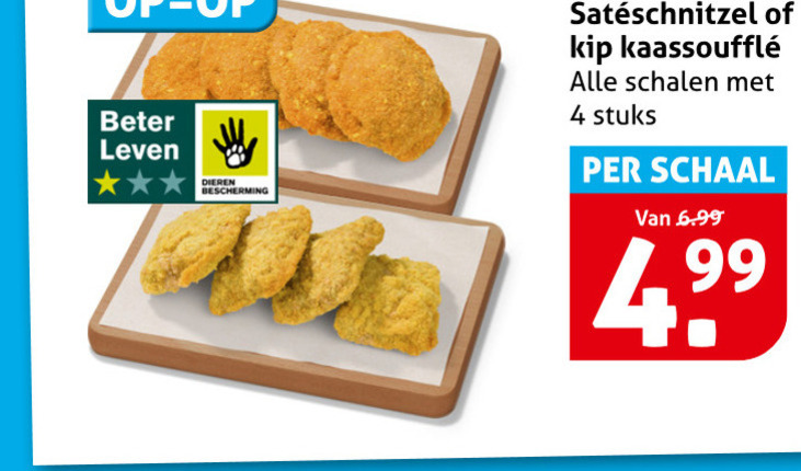 kipschnitzels 4 beter leven dieren bescherming kip schalen stuks schaal folder aanbieding bij Hoogvliet
