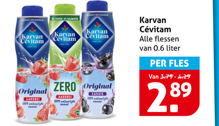 karvan cevitam limonadesiroop 100 original aardbei suiker calorieen zero cassis flessen liter fles folder aanbieding bij Hoogvliet Karvan Cevitam limonadesiroop folder aanbieding bij Hoogvliet - details
