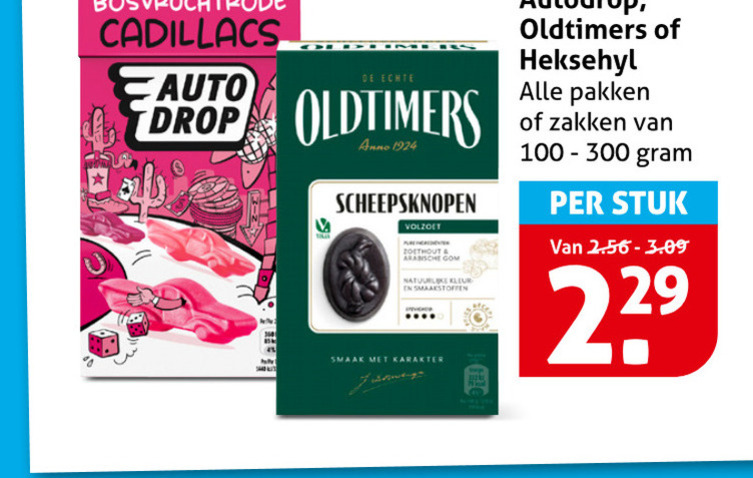 oldtimers heksehyl autodrop drop snoep cadillacs auto anno scheepsknopen volzoet zoethout arabische kleur smaakstoffen karakter pakken zakken 100-300 stuk folder aanbieding bij Hoogvliet Heksehyl snoep, drop folder aanbieding bij Hoogvliet - details