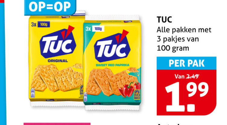 lu tuc zoutjes 3 100 3x 100g original sweet red paprika pakken pak folder aanbieding bij Hoogvliet Lu Tuc zoutje folder aanbieding bij Hoogvliet - details