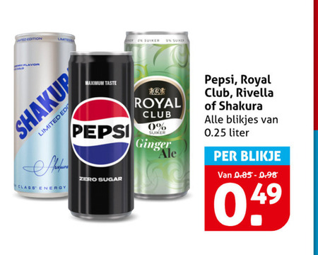 pepsi rivella shakura royal club cola frisdrank edition limited suiker old flavor class energy zero sugar taste ginger blikjes 0.25 liter blikje folder aanbieding bij Hoogvliet Pepsi cola, frisdrank folder aanbieding bij Hoogvliet - details