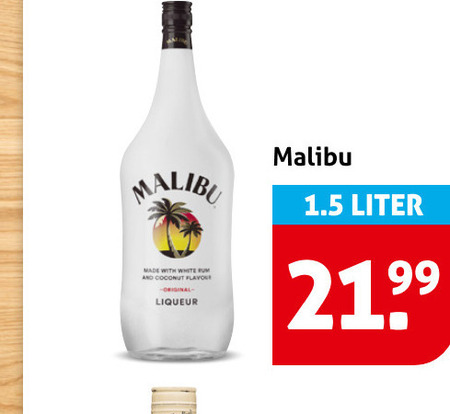 malibu likeur with white rum and coconut flavour liqueur liter folder aanbieding bij Hoogvliet Malibu likeur folder aanbieding bij Hoogvliet - details